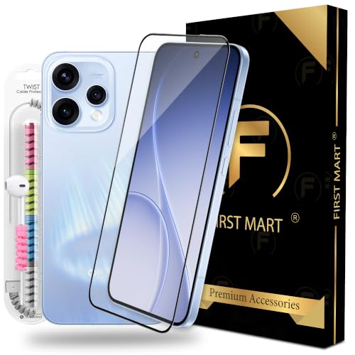 Image of FIRST MART Tempered Glass for Oppo Reno 15 and Reno 15C, 9H 0.3 mm Full-Glue Screen Protector with Cable Protector, 3D Edge-to-Edge, HD Clear, Case-Friendly, Black, Pack of 1