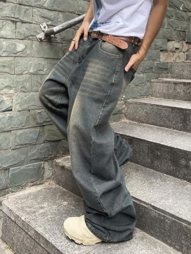 Image of HUNGSON Mens Baggy Jeans for Men Women Y2k Skater Vintage Plain Pants Casual Wide Leg Jeans Loose Fit Denim Jeans