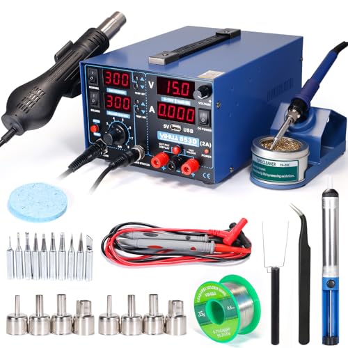 Image of YIHUA 853D 2A USB Professional Soldering Rework and Power Supply Station bundle with #2300 Hot Air Nozzles with Iron Holder, Cleaning Kit, and Accessories (29 Items)