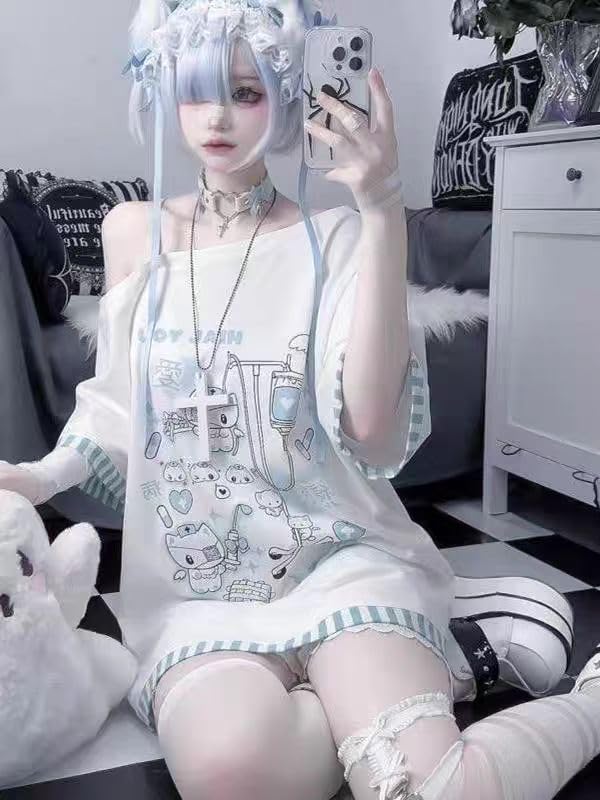 Y2k Kawaii Shirts for Women Cartoon Graphic Tees Off Shoulder Cutecore Shirts Harajuku Fashion Gothic Tops: Blue Large