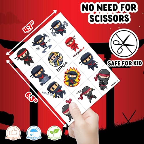 96 PCS Ninja Pre-Cut Temporary Tattoos for Kids Birthday Themed Party Supplies Decorations Favors 8 Sheets Decor Super Cute Cartoon Stickers Tattoo Gift for Boys Girls Carnival Rewards