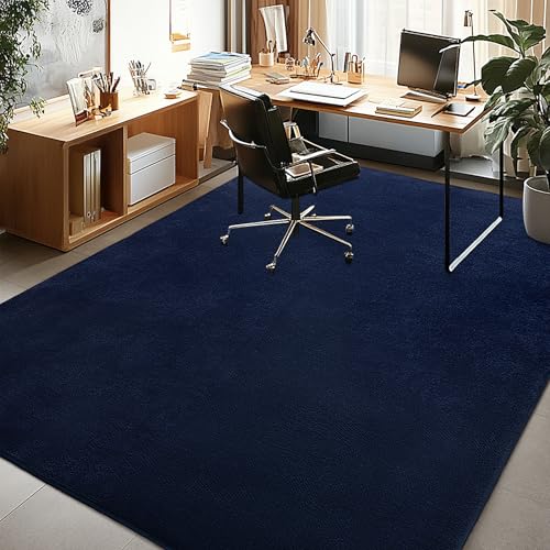 Image of Large Modern Area Rugs for Living Room Bedroom, 5x8 Feet Navy Blue Ultra Soft Thickened Memory-Foam Indoor Rug, Comfy Aesthetic Solid Minimalist Carpets for Girls Boys Nursery Dorm Home Decor
