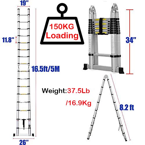 16.5FT Telescopic Folding Ladder Extension Aluminum 2.5M+2.5M A-Frame 5M Straight Ladder Telescoping Portable Foldable Anti-Slip Steps Multi-Purpose With Support Bar EN131 Safe Standard MAX Load 330LB