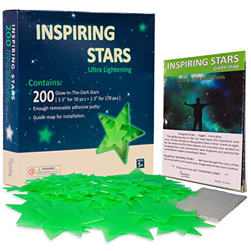 Inspiring Stars, Glow in The Dark Stars for Ceiling, 200 pcs Large Stars for Ceiling and Wall Stickers, Glowing Stars for Kids Room DÃ©cor in 2 Sizes, Extra Guide Map