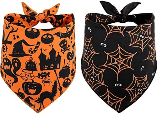 2 Pack Dog Halloween Bandana Orange and Black Triangle Dog Scarf for Small Medium Dogs Pets