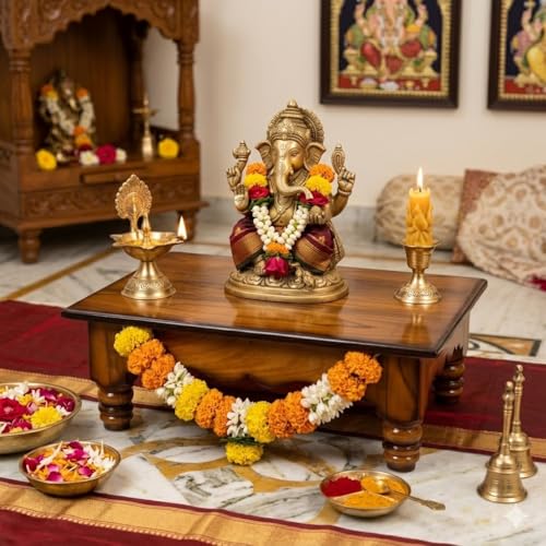 Image of Pooja Chowki Pata Chowki Decorative bajot for Sitting Pooja Temple Stool for Mandir (Extra Large)