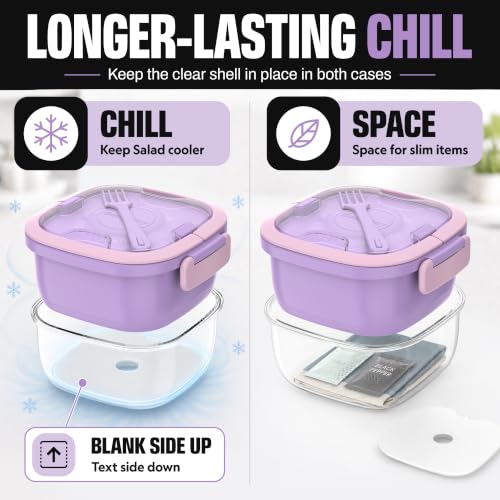 Image of Salad Container with Ice Pack & Handle, 6.8 Cup / 1600ml Large Portable Salad Bowl Lunch Box with Lid, Fork Holder & Sauce Cup, 4-Compartment Removable Tray Meal Prep Bento Box, Purple
