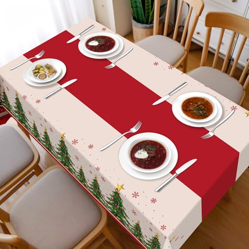 Image of Childom 2 Pack Christmas Tablecloths,Christmas Party Decoration,54 x 108 Inch,Disposable Plastic Table Cloths Rectangular for Party Supplies,Xmas Tree Table Cover for Home,Dinner,Indoor,Outdoor,Picnic