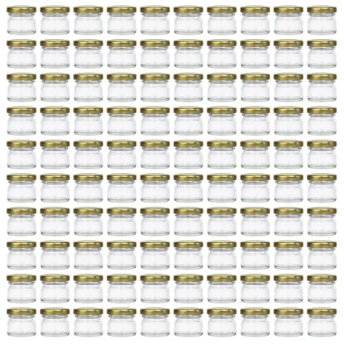 Lot de 100 Mini bocaux en Verre - Capacité : 30 ML - Couvercle à Visser doré - to 43 - pour Confiture, Fruits, Miel, portions, dégustation, Apiculteur