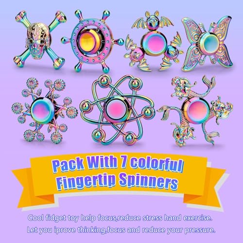 Image of 7 Pack Rainbow Fidget Spinners Pack Stress Relief Toys for Kids Adults, Hand Spinner Metal Fidget Bulk Set Desk Toy for Focus, Cool Small Gadget Novelty Christmas Stuffer Birthday Gifts Party Favor