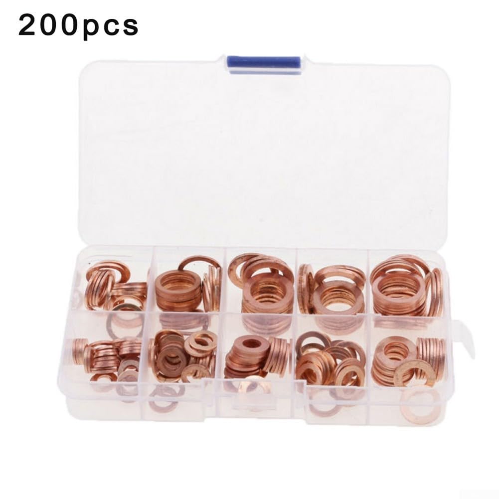 200 Pieces Copper Crush Washers Assortment M5-M14 Flat Ring Seals Oil Sump Gasket Kit for Vehicles Engines Generators Machinery Factories High Conductivity Boxed Set