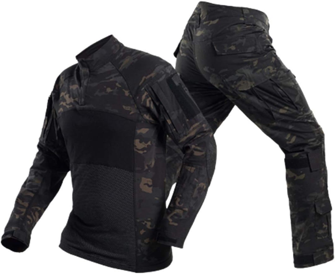 Men Combat T Shirt and Pant Set 1/4 Zip Camo Military Tactial Uniform with Long Sleeve BDU Airsoft Hunting Shirt