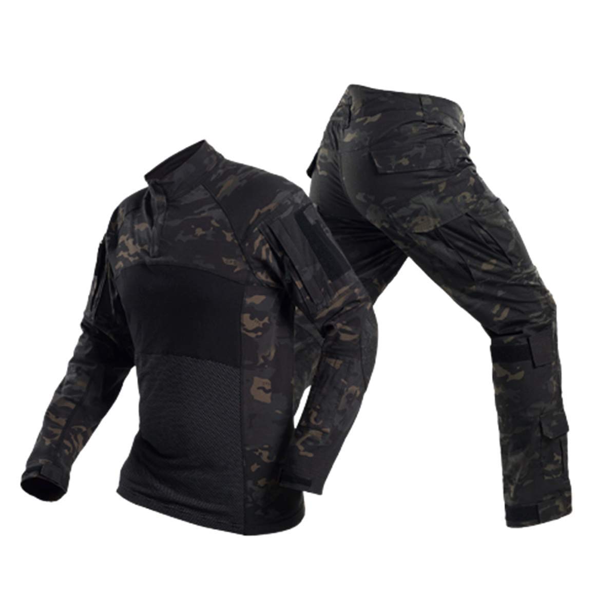Men Combat T Shirt and Pant Set 1/4 Zip Camo Military Tactial Uniform with Long Sleeve BDU Airsoft Hunting Shirt