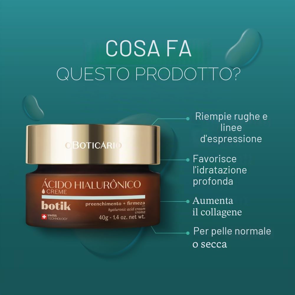 O Boticário Botik - Crema viso con acido ialuronico, riempie le rughe, aumenta la compattezza della pelle e la pelle morbida e riposata, 40 g