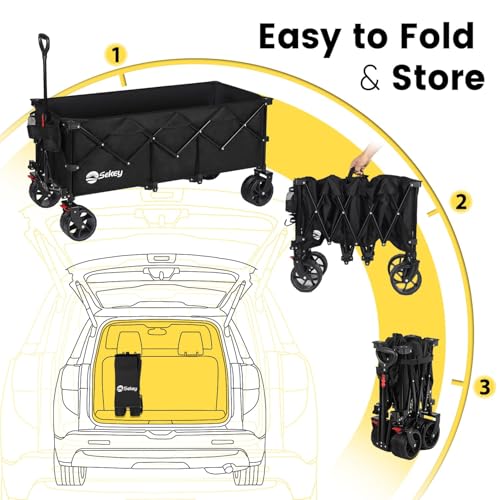 Sekey 48''L Collapsible Foldable Extended Wagon with 440lbs Weight Capacity, Heavy Duty 300L Folding Utility Garden Cart with Big All-Terrain Beach Wheels & Drink Holders. Black