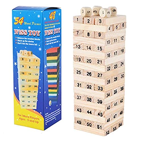 Wiss Toys 1 Set Kids Baby Digital Wooden Tower Building Blocks Domino 54pcs and 4pcs Dice Stacker Stacker Extract Educational Game
