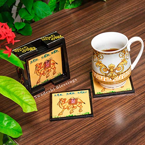 Image of Swadeshi Blessings Wooden Square Coffee /Tea Coasters Set- Handcrafted & Hand-Painted for Kitchen /Table & Home Decor /Dinning /Gifts /Restaurants /Living Room /Coffee Table (Set of 6) (Yellow Camel)