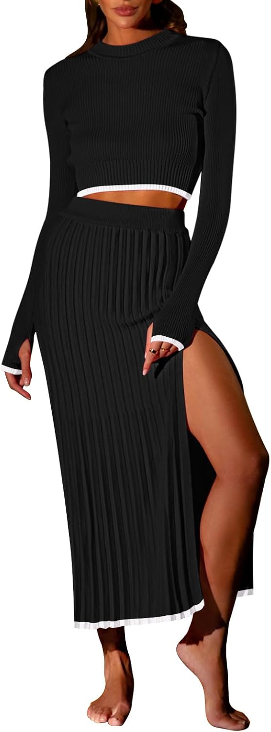 Pink Queen 2 Piece Skirt Outfits for Women Knit Sweater Crop Top Bodycon Party Cocktail Fall Blazer Dresses Black X-Large