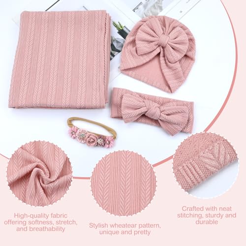 Image of Cinaci 4pcs Dusty Pink Soft Nursery Newborn Baby Receiving Swaddle Blanket with Matching Turban Hat Bow Headbands Floral Nylon Headbands for Baby Girls Newborn Infants