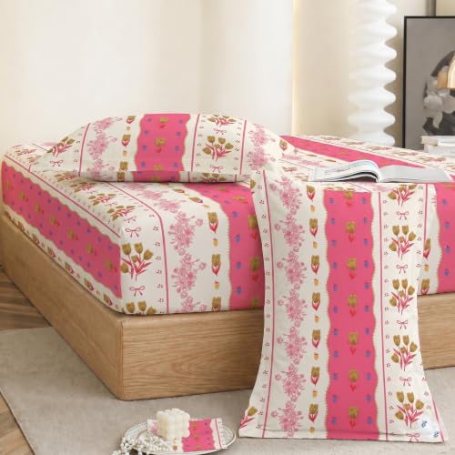 Image of IVAZA Ezyption Cotton Super Soft 240 TC Elastic Fitted All Around Elastic Printed King Size Double Bed Bedsheet with 2 Pillow Cover 72 inch X 78 inch3 Pink Flower