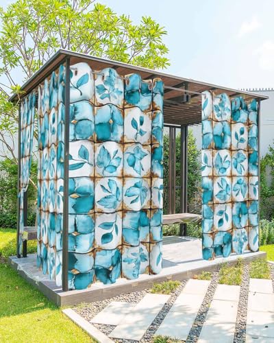 EZON-CH Outdoor Curtain for Patio Waterproof, Teal Blue Leaves Cubic Splicing Texture Outside Curtains with Grommet Top Curtain Panels Drapes for Pergola, Gazebo, Balcony 54
