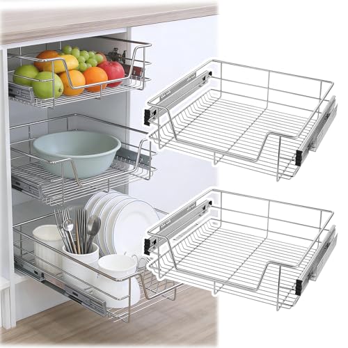 SAILUN Pull Out Wire Basket for 600mm Kitchen Cabinet 2 Pack Slide Out Storage Drawer Organiser Base Larder Silver Cabinet Pull-Out Basket for Kitchen Pantry Bathroom Cabinets
