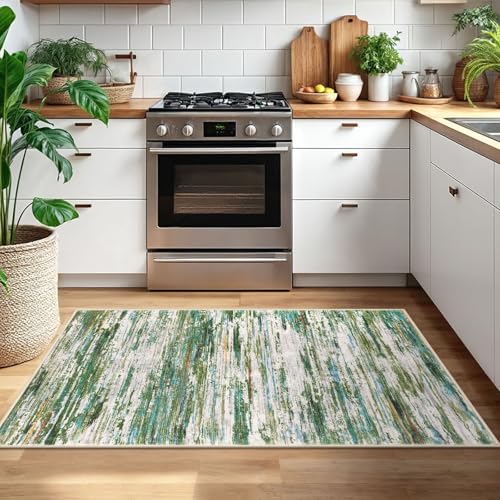 3x5 Green Grey Multi Modern Abstract Rug for Farmhouse, Super Soft Washable Rug with Non-Slip, Low-Pile Indoor Door Area Rugs for Living Room Nursery Bedroom, Carpet with Non-Shedding