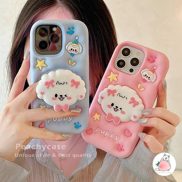 Image of COVERLY for iPhone 14 Plus 3D Puppy Knot Cartoon Pop Case,Premium Silicone Case Dog Love Light Blue Color with Phone Holder Cool Full Protective Cute Kawaii Aesthetic Cover for Apple iPhone 14 Plus
