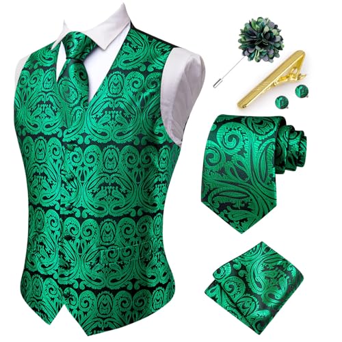 Hi-Tie Men's Green Suit Vest Business Formal Waistcoat Paisley Jacquard Tie Suit Waistcoat Set for Wedding Party