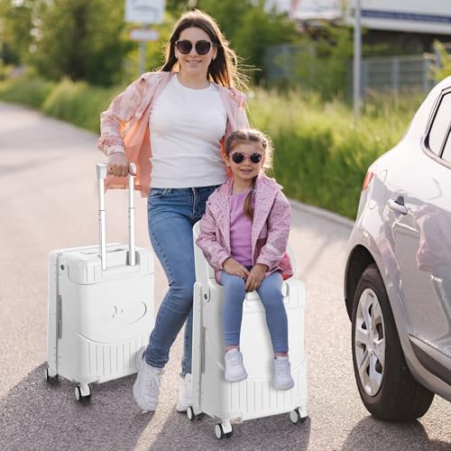 Image of 22 Inch Carry on Luggage with Seat for Kids Expandable Ride on Suitcase with Spinner Wheels and Locks for Travel (Black), White, 20 Inch