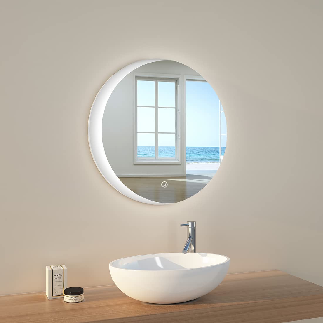 EMKE Espejo Baño con Luz 60 cm Diámetro, Espejo Baño LED Redondo con Interruptor tactil + Regulable + 3 Colores + Función de Memoria, Espejo Pared Modelo D