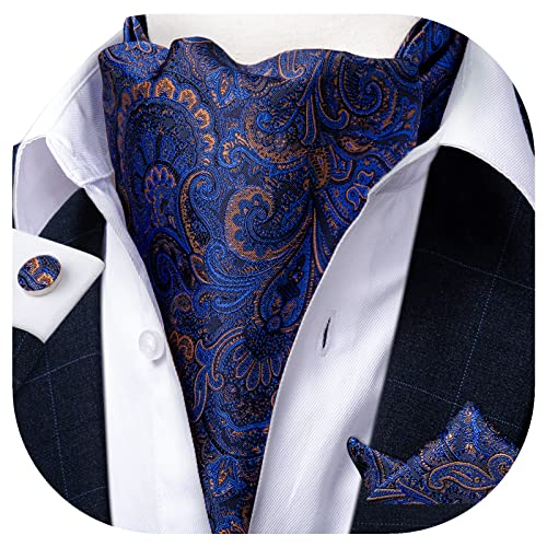 Image of DiBanGu 3PCS Ascot Ties for Men Wedding Jacquard Woven Silk Ascot Cravat for Men Cravat Tie and Pocket Square Set