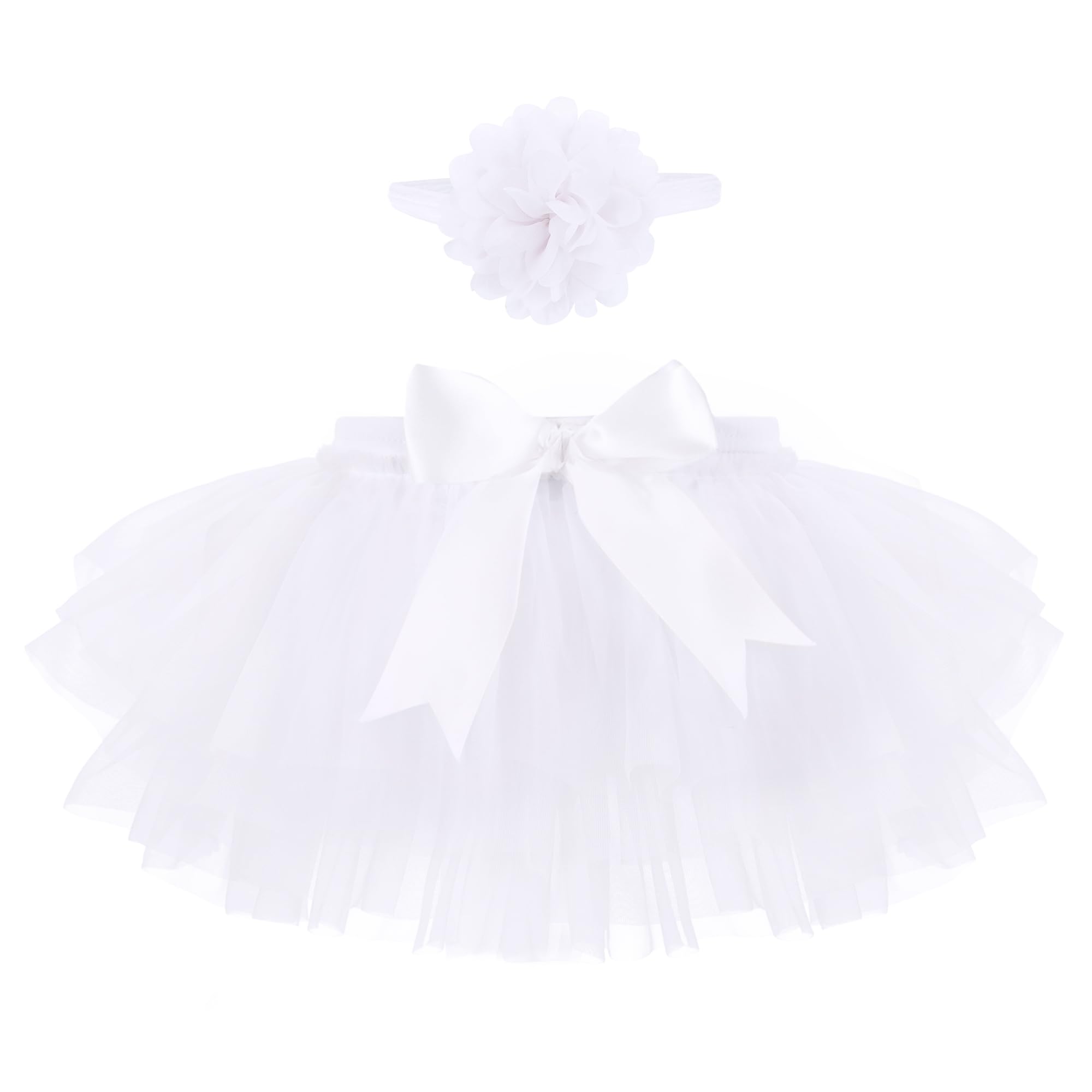 Baby Girls Tutu Skirt with Diaper Cover,Soft Tulle Skirt Infant Shorts with Headband White