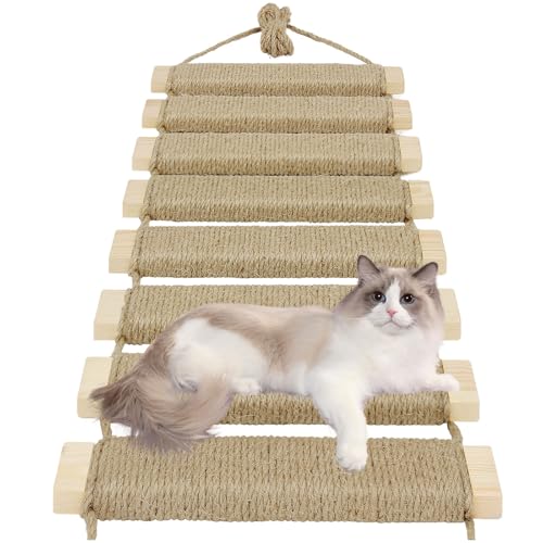 20in Cat Ladder & Bridge, Outdoor Cat Tree with Jute Rope, Multi-Level Climbing Frame & Scratcher for Indoor/Outdoor Cats (Wood Tone, 20in)