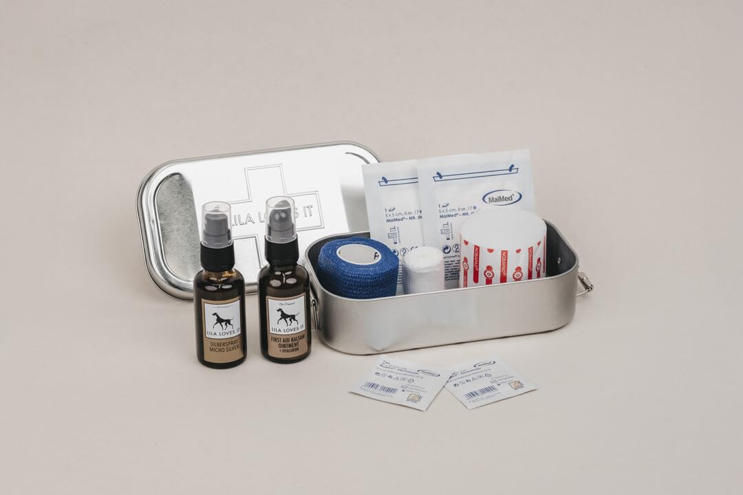 Erste-Hilfe-Set für Hunde - Verbandskasten mit First Aid Balsam und Silberspray, Verbandsmaterial, Wundkompresse und Heftpflaster-Rolle, FIRST AID BOX von LILA LOVES IT