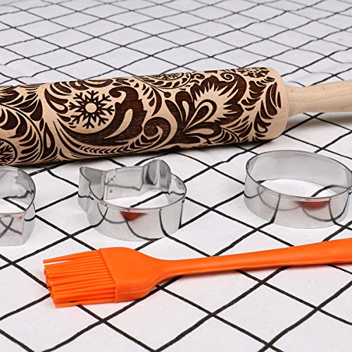 Paisley Embossed Rolling Pins For Baking Cookies Floral Transfer Wooden Embossing Rolling Pin Beech Laser Cut Engraved 3D Dough Roller Christmas Snowflake Impression Basting Brush Cookie Cutter Flower #TOP4