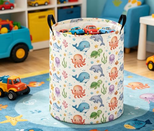 Image of Baby Laundry Basket Baby Nursery Hamper Kids Laundry Basket Toy Storage Bin for Boys Room Decor Gift Baskets for Bedroom Bathroom(Cute Ocean)