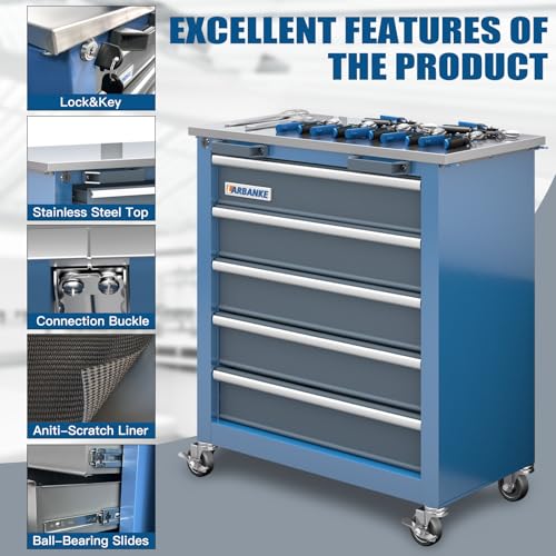 Image of LARBANKE 20 Drawer Rolling Tool Chest Combo,Tool Cabinet with Stainless Countertop, Modular Tool Chest with Locking Drawers and Connection Parts, 360 Swivel Braking Wheels & Padded Feet, Blue