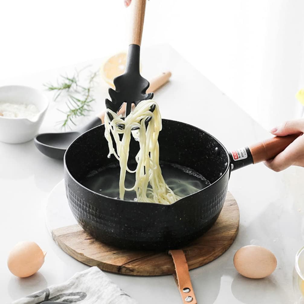 1 Set Silicone Pasta Fork Wooden Handle Spaghetti Utensils Food Grade Noodle Spoon Pasta Cooking Server Heat Resistant Kitchen Spatula for Cooking Utensils Grey