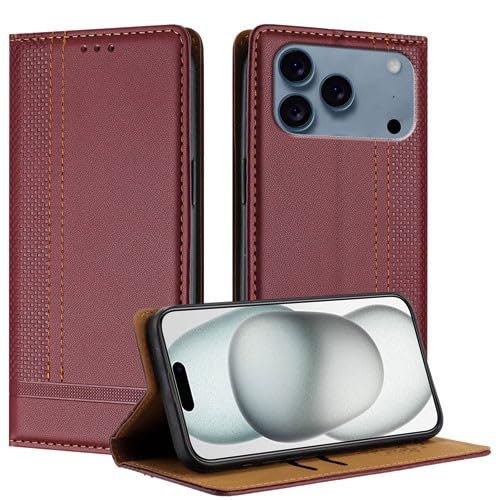 Coque iPhone 16 Plus rouge vin en cuir premium avec rabat portefeuille élégant