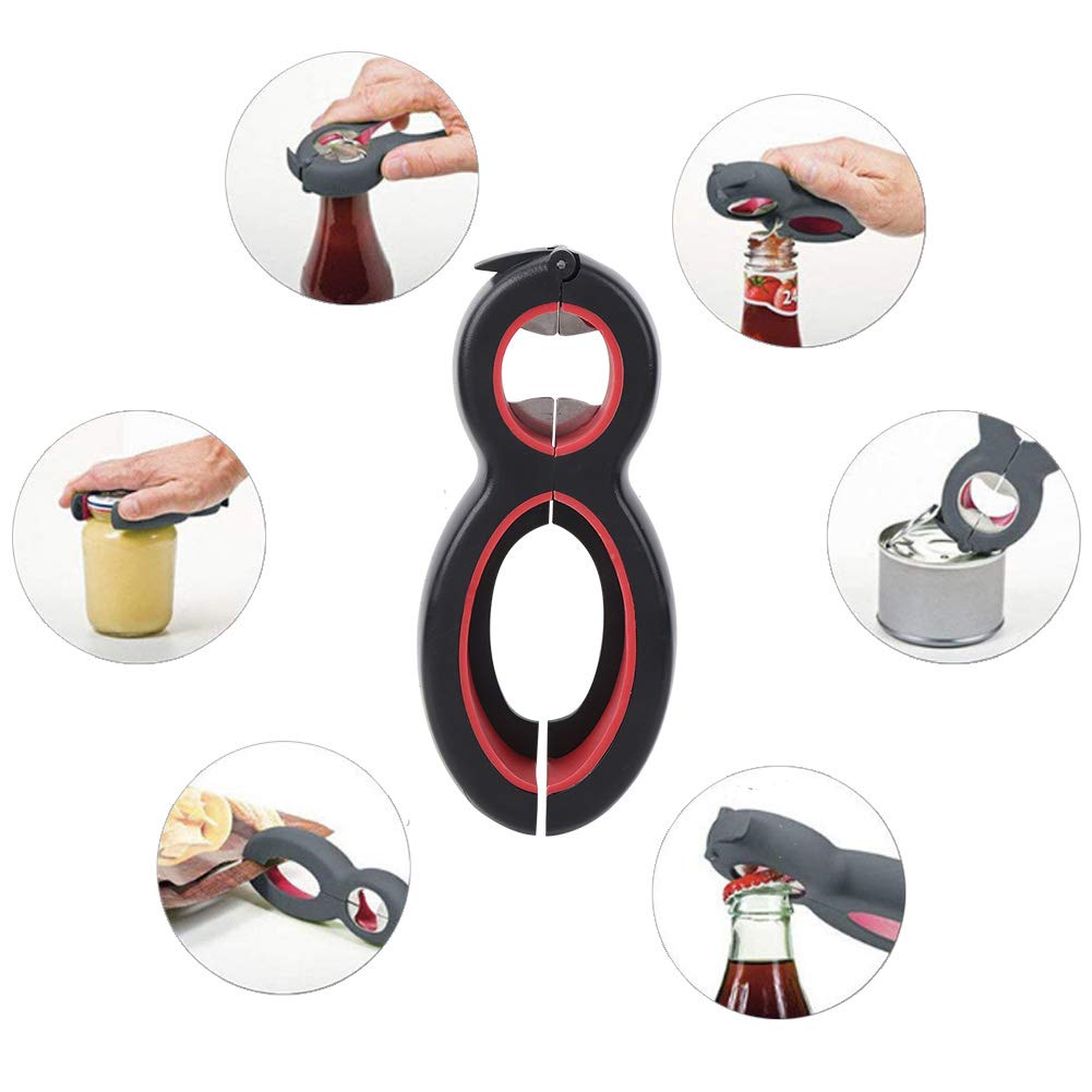 Abridor de botellas múltiple 6 en 1 y abridor de tarros 5 en 1, kit de abridor de botellas multifunción para manos débiles, ancianos, personas mayores, uso doméstico