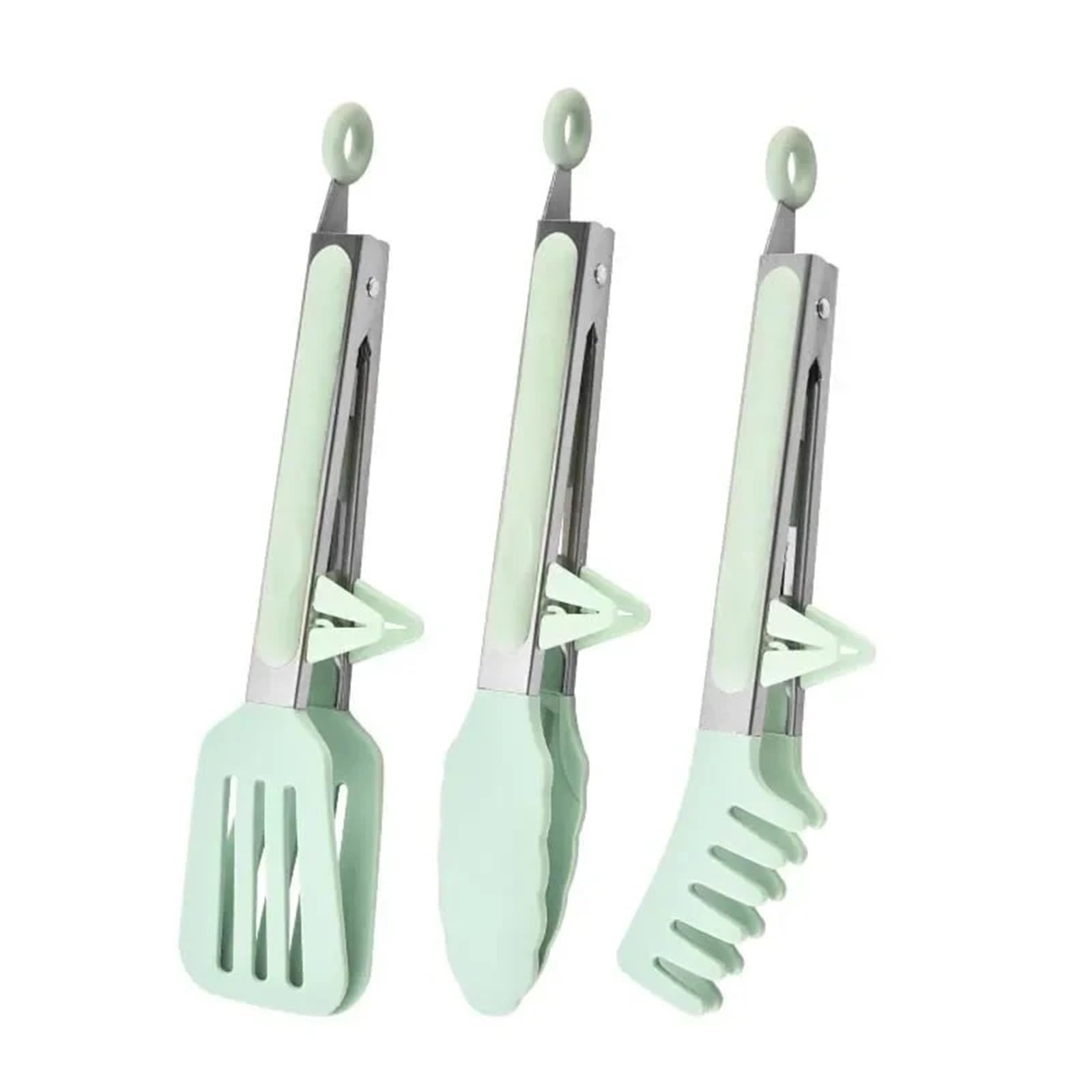 Szczypce kuchenne, Szczypce 3 szt. Wielokolorowe, nierdzewne, nylonowe, silikonowe, antypoślizgowe klipsy do sałatek BBQ(Green 3pcs)