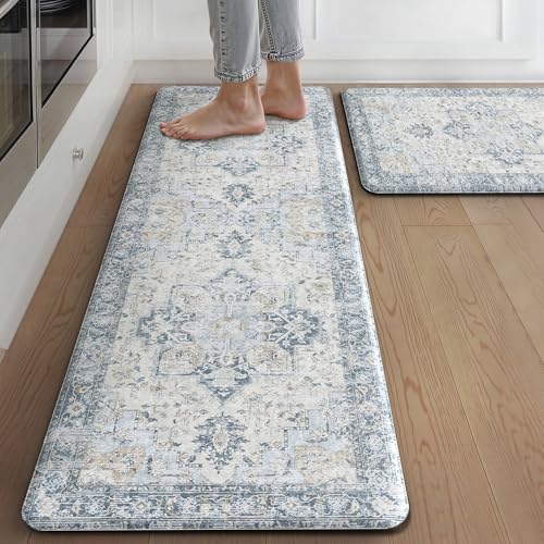 sarben Tapis de Cuisine Lot de 2, Tapis de Sol Vintage, Antidérapants, Étanches et Lavables, Runners Confortables Anti-Fatigue pour Cuisine, Entrée, Buanderie, Bleu, 43x119cm+43x76cm