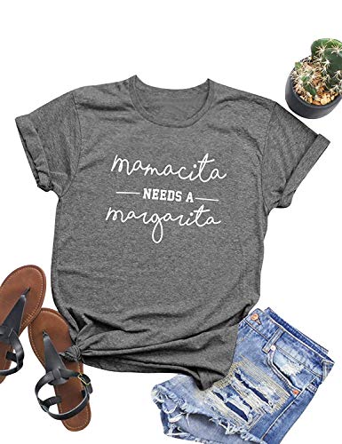 Yuan Women Mamacita Needs A Margarita Shirt Graphic Tee Short Sleeve Tops Blouse (Grey,L)