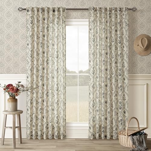 Image of Floral Linen Curtains 96 Inches Long for Living Room Greenish Charcoal