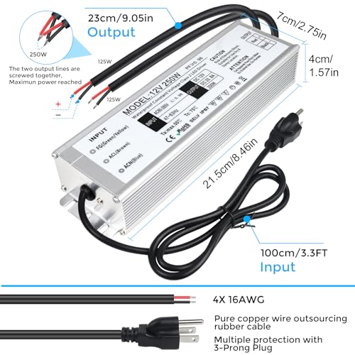 Image of LightingWill LED Driver 250 Watts Waterproof IP67 Power Supply Transformer, 90-265V AC to 12V DC Low Voltage Output, Adapter with 3-Prong Plug 3.3 Feet Cable for Outdoor Use, Computer Project