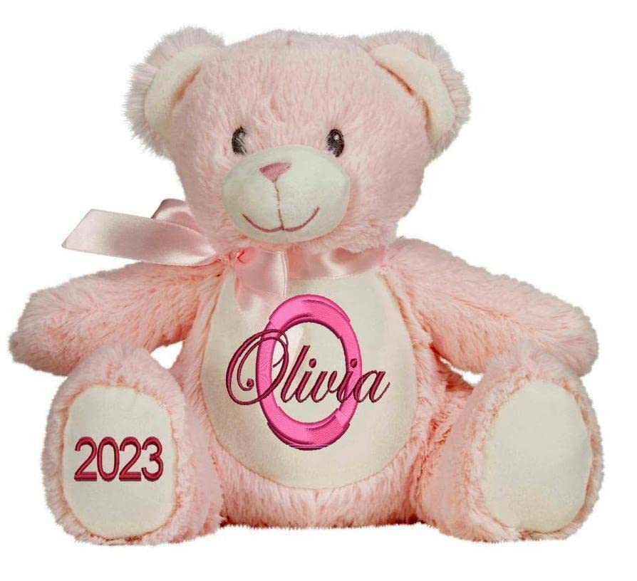 Personalised Teddy Bear and Animal Soft Plush Toys with Name & Initial, Customisable Baby Gift, New Baby Gift, Baby Boy, Baby Girl, Baby Shower Gift, Birthday Gift, Christening Gift (Pink Teddy Bear)