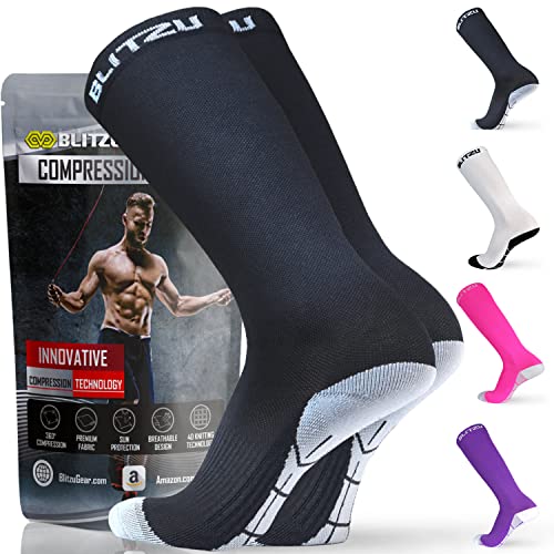 BLITZU Womens Compression Socks 20-30 Mmhg Wide Calf Energy Socks Easy On Easy Off For Swollen Feet And Ankles Post Surgery Edema Shin Splints Running Medical Socks For Men & Women BLACK XL