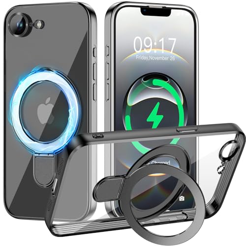 Image of Magnetic for iPhone 16E /17E Case with Invisible Stand[Compatible with MagSafe][Full Camera Lens Protector][Military Drop Protection] Shockproof Not Yellowing Clear Slim Soft for Women Men