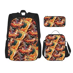 Demon Slayer Tanjiro Kamado Anime Rugzak 3-delige set, rugzak + etui + lunchtas combinatie Geschikt voor mannen, vrouwen…